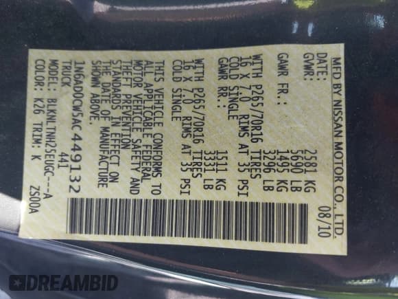 ✅ 2010 Nissan Frontier SE • VIN: 1N6AD0CW5AC449132 • Lot: 42382440. Listed on IAAI with 108,193 mi. Free auction sales archive from the USA and detailed vehicle history report at DreamBid. Image 9.