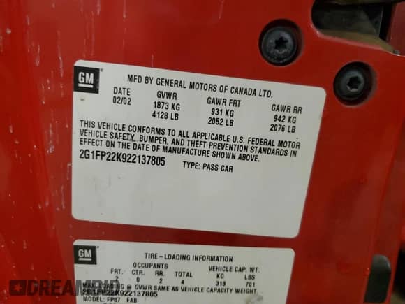 2002 Chevrolet Camaro z VIN 2G1FP22K922137805, wystawiony jako Copart lot #45963715 z przebiegiem Nie podano mil oraz Szkoda całkowita • Salvage title. Historia ofert i sprzedaży dostępna na DreamBid. Obrazek 12.