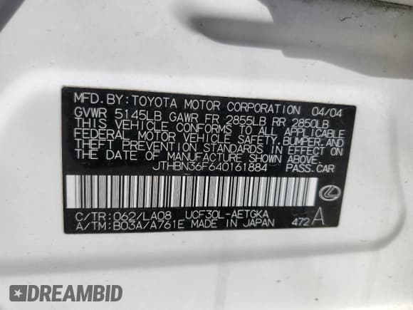 ✅ 2004 Lexus LS 430 • VIN: JTHBN36F640161884 • Лот: 71970594. Опубликован ранее на Copart с пробегом 142 652 миль. Бесплатный доступ к архиву аукционных продаж из США и подробный отчёт об истории автомобиля на DreamBid. Изображение 13.