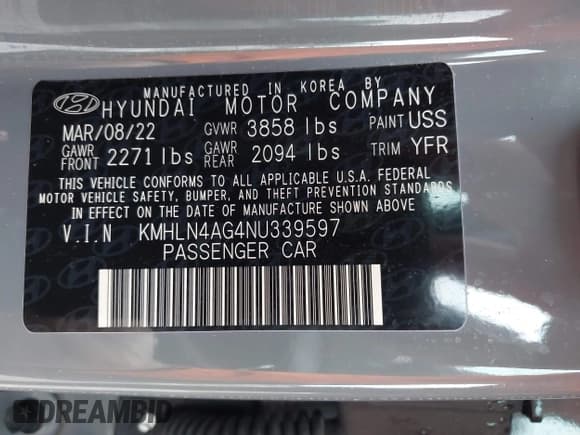 ✅ 2022 Hyundai Elantra SEL • VIN: KMHLN4AG4NU339597 • Lot: 43586652. Listed on IAAI with 27,361 mi. Free auction sales archive from the USA and detailed vehicle history report at DreamBid. Image 9.