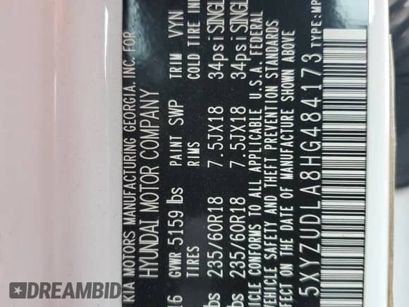 2017 Hyundai Santa Fe 2.0T with VIN 5XYZUDLA8HG484173, listed as a Copart auction lot 70024505 with 55,257 mi miles and Salvage title. Bid and sale history available at DreamBid. Image 13.