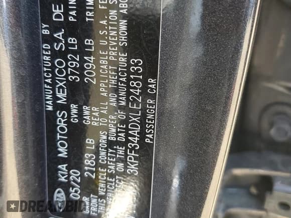 ✅ 2020 Kia Forte GT-Line • VIN: 3KPF34ADXLE248133 • Lot: 80131365. Listed on Copart with Not provided. Free auction sales archive from the USA and detailed vehicle history report at DreamBid. Image 12.