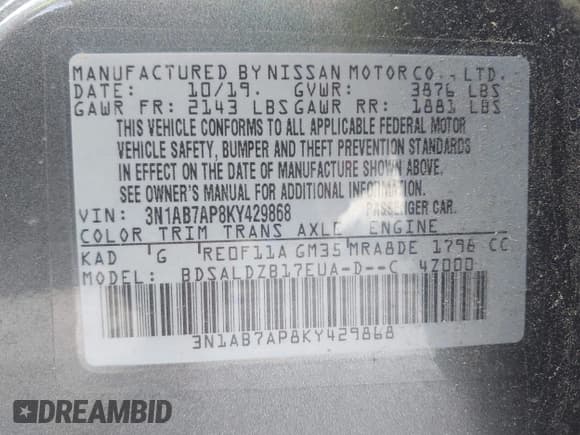 ✅ 2019 Nissan Sentra SV • VIN: 3N1AB7AP8KY429868 • Lot: 42534931. Listed on IAAI with 98,507 mi. Free auction sales archive from the USA and detailed vehicle history report at DreamBid. Image 9.