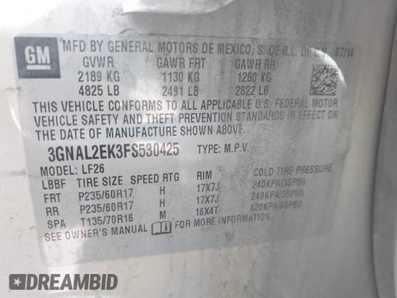 2015 Chevrolet Captiva Sport LS with VIN 3GNAL2EK3FS530425, listed as a IAAI auction lot 41984613 with 135,367 mi miles and . Bid and sale history available at DreamBid. Image 9.