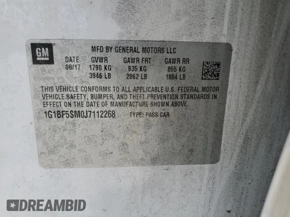 ✅ 2018 Chevrolet Cruze Premier • VIN: 1G1BF5SM0J7112268 • Lot: 53208595. Listed on Copart with 107,690 mi. Free auction sales archive from the USA and detailed vehicle history report at DreamBid. Image 12.