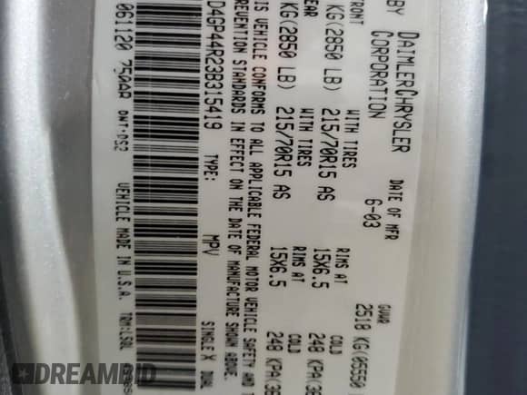 2003 Dodge Caravan Sport с VIN 1D4GP44R23B315419, выставлен на аукционе Copart как лот 77626174 с пробегом 122 199 миль миль и Списание • Salvage title. История ставок и продаж доступна на DreamBid. Изображение 13.