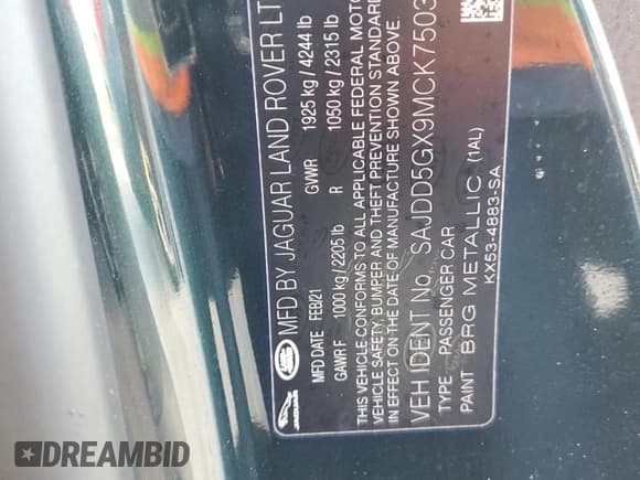 ✅ 2021 Jaguar F-Type P300 • VIN: SAJDD5GX9MCK75037 • Lot: 77380944. Wystawiony na Copart z przebiegiem Nie podano. Bezpłatny archiwum sprzedaży aukcyjnych z USA i szczegółowy raport historii pojazdu na DreamBid. Zdjęcie 13.