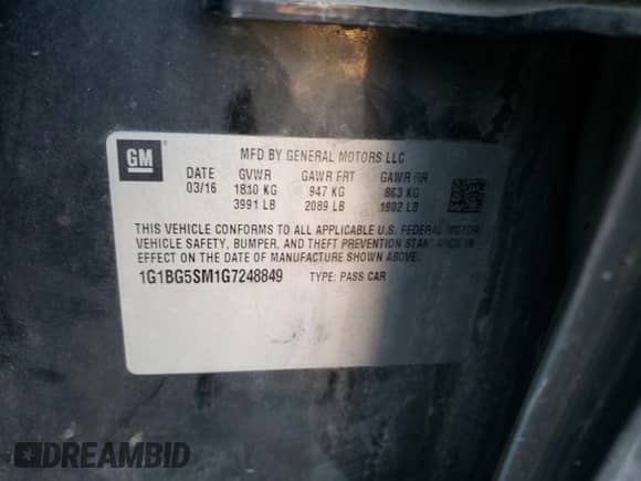 2016 Chevrolet Cruze Premier с VIN 1G1BG5SM1G7248849, выставлен на аукционе Copart как лот 68812592 с пробегом 89 951 миль миль и . История ставок и продаж доступна на DreamBid. Изображение 13.