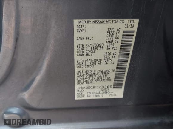 ✅ 2018 Nissan Titan SV • VIN: 1N6AA1E60JN520365 • Lot: 43648139. Listed on IAAI with 125,426 mi. Free auction sales archive from the USA and detailed vehicle history report at DreamBid. Image 9.