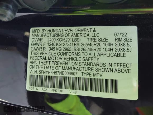 ✅ 2022 Honda Passport EX-L • VIN: 5FNYF7H57NB006607 • Lot: 42856801. Listed on IAAI with 29,366 mi. Free auction sales archive from the USA and detailed vehicle history report at DreamBid. Image 9.