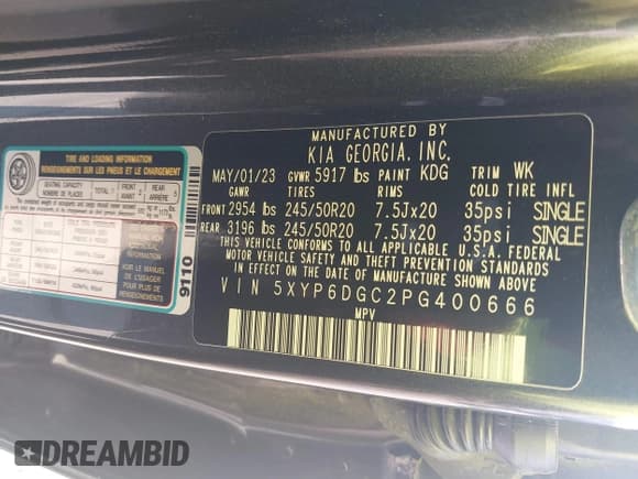 ✅ 2023 Kia Telluride S • VIN: 5XYP6DGC2PG400666 • Lot: 43142368. Listed on IAAI with 33,967 mi. Free auction sales archive from the USA and detailed vehicle history report at DreamBid. Image 9.