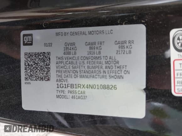 ✅ 2022 Chevrolet Camaro 1LT • VIN: 1G1FB1RX4N0108826 • Lot: 42458322. Listed on IAAI with 52,198 mi. Free auction sales archive from the USA and detailed vehicle history report at DreamBid. Image 9.