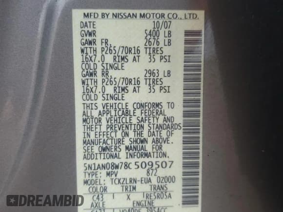 ✅ 2008 Nissan Xterra S • VIN: 5N1AN08W78C509507 • Lot: 86488795. Listed on Copart with 255,894 mi. Free auction sales archive from the USA and detailed vehicle history report at DreamBid. Image 12.