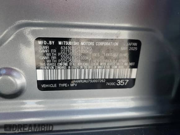 2025 Mitsubishi Outlander S с VIN JA4ARUAU7SU007262, выставлен на аукционе Copart как лот 87000935 с пробегом 10 507 миль миль и Списание • Salvage title. История ставок и продаж доступна на DreamBid. Изображение 13.