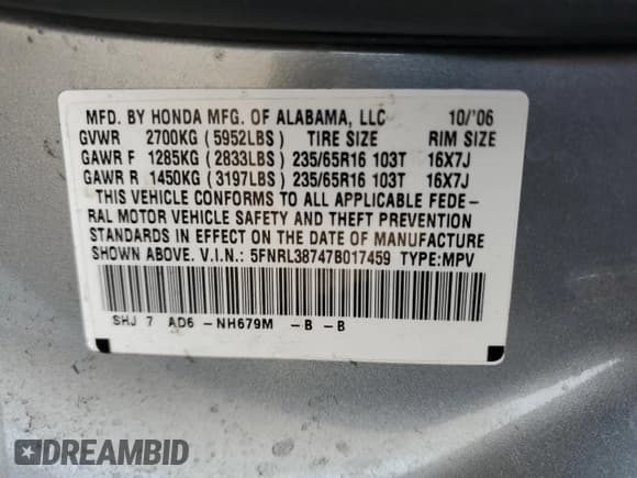✅ 2007 Honda Odyssey EX-L • VIN: 5FNRL38747B017459 • Lot: 85887845. Listed on Copart with 252,708 mi. Free auction sales archive from the USA and detailed vehicle history report at DreamBid. Image 13.