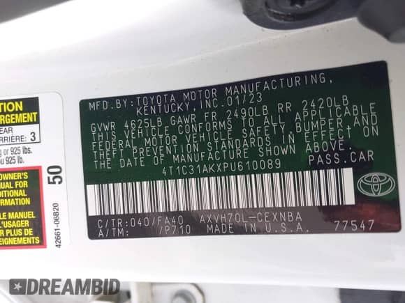 2023 Toyota Camry Hybrid LE с VIN 4T1C31AKXPU610089, выставлен на аукционе IAAI как лот 42112033 с пробегом 81 715 миль миль и . История ставок и продаж доступна на DreamBid. Изображение 9.