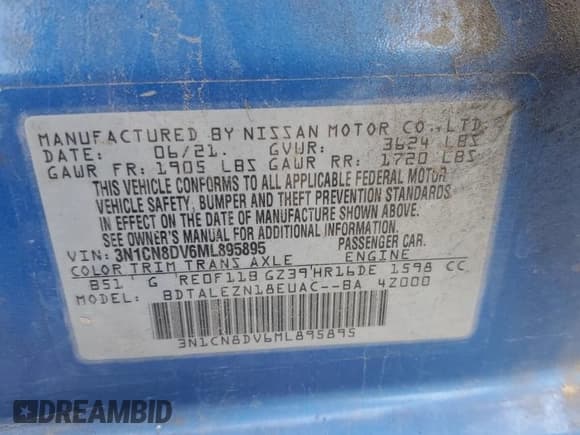 ✅ 2021 Nissan Versa S • VIN: 3N1CN8DV6ML895895 • Lot: 87449325. Listed on Copart with 120,706 mi. Free auction sales archive from the USA and detailed vehicle history report at DreamBid. Image 12.