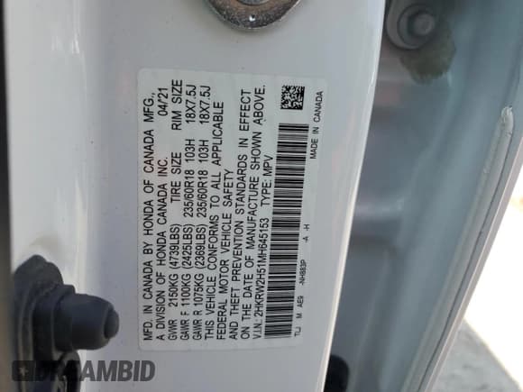 ✅ 2021 Honda CR-V EX • VIN: 2HKRW2H51MH645153 • Lot: 69243645. Listed on Copart with 60,779 mi. Free auction sales archive from the USA and detailed vehicle history report at DreamBid. Image 13.