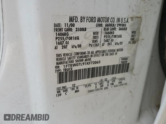 ✅ 2001 Ford F-150 XLT • VIN: 1FTRW07L91KF72065 • Lot: 84985945. Listed on Copart with 158,678 mi. Free auction sales archive from the USA and detailed vehicle history report at DreamBid. Image 12.