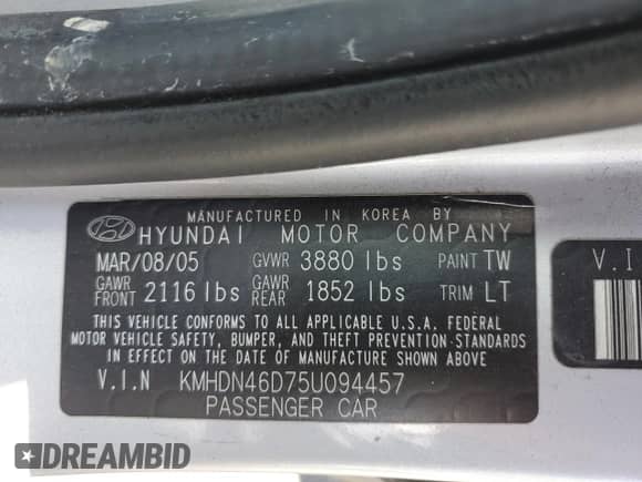 2005 Hyundai Elantra GLS с VIN KMHDN46D75U094457, выставлен на аукционе Copart как лот 72457844 с пробегом 140 002 миль миль и Чистый • Clean title. История ставок и продаж доступна на DreamBid. Изображение 12.