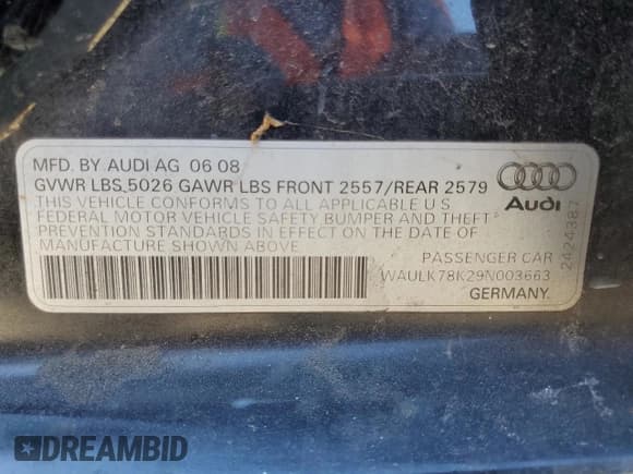 ✅ 2009 Audi A4 Premium Plus • VIN: WAULK78K29N003663 • Лот: 83837215. Опубликован ранее на Copart с пробегом 112 557 миль. Бесплатный доступ к архиву аукционных продаж из США и подробный отчёт об истории автомобиля на DreamBid. Изображение 13.