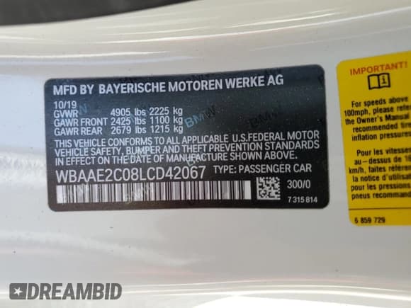 ✅ 2020 BMW 8 Series 840i • VIN: WBAAE2C08LCD42067 • Lot: 71272633. Listed on Copart with 30,836 mi. Free auction sales archive from the USA and detailed vehicle history report at DreamBid. Image 12.