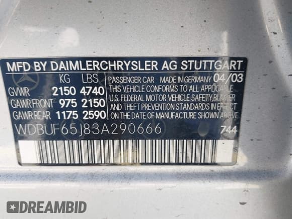 ✅ 2003 Mercedes-Benz E 320 • VIN: WDBUF65J83A290666 • Лот: 42848813. Опубликован ранее на IAAI с пробегом 150 712 миль. Бесплатный доступ к архиву аукционных продаж из США и подробный отчёт об истории автомобиля на DreamBid. Изображение 9.