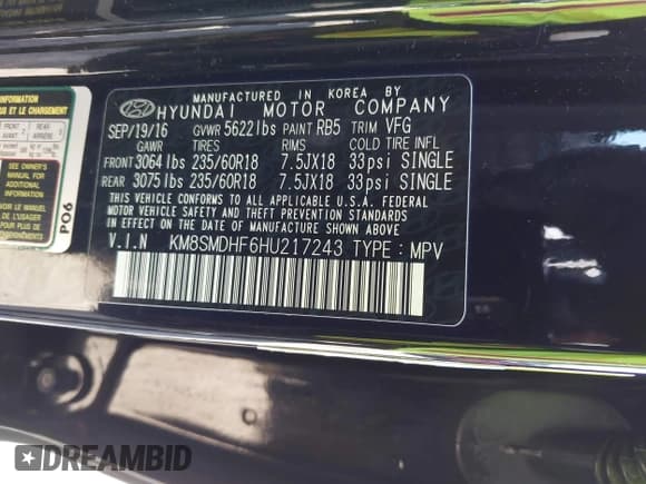 ✅ 2017 Hyundai Santa Fe SE • VIN: KM8SMDHF6HU217243 • Лот: 43307388. Опубликован ранее на IAAI с пробегом Не указан. Бесплатный доступ к архиву аукционных продаж из США и подробный отчёт об истории автомобиля на DreamBid. Изображение 9.