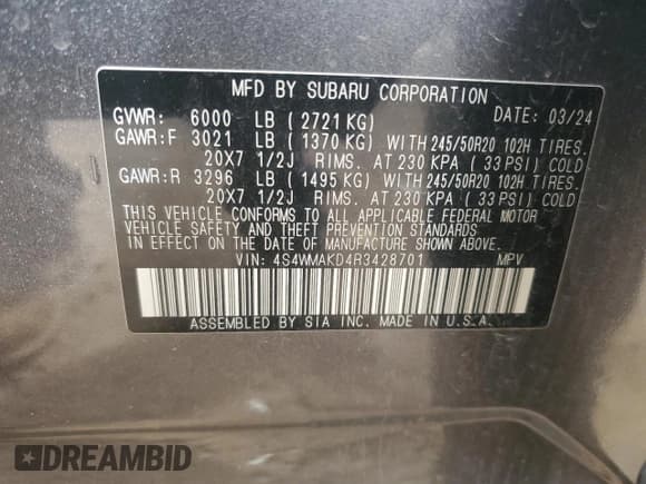 ✅ 2024 Subaru Ascent Onyx Limited • VIN: 4S4WMAKD4R3428701 • Lot: 86171895. Listed on Copart with 39,654 mi. Free auction sales archive from the USA and detailed vehicle history report at DreamBid. Image 13.