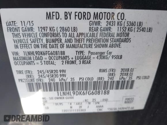 ✅ 2015 Lincoln MKS • VIN: 1LNHL9DK6FG608188 • Lot: 43357436. Listed on IAAI with 143,405 mi. Free auction sales archive from the USA and detailed vehicle history report at DreamBid. Image 9.