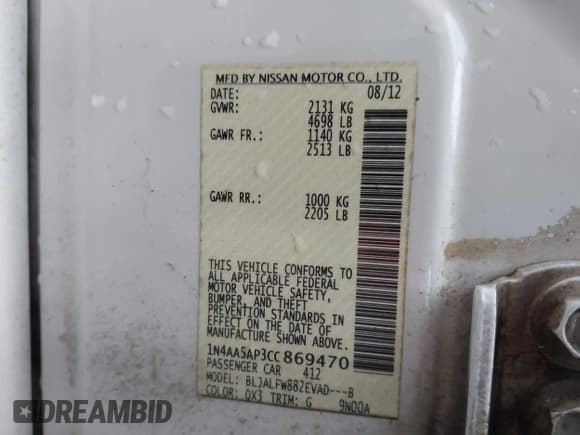 ✅ 2012 Nissan Maxima SV • VIN: 1N4AA5AP3CC869470 • Лот: 43777445. Опубликован ранее на IAAI с пробегом 109 739 миль. Бесплатный доступ к архиву аукционных продаж из США и подробный отчёт об истории автомобиля на DreamBid. Изображение 9.