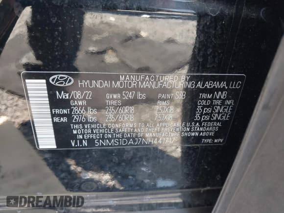 ✅ 2022 Hyundai Santa Fe SE • VIN: 5NMS1DAJ7NH441717 • Lot: 43245586. Wystawiony na IAAI z przebiegiem 52 477 mil. Bezpłatny archiwum sprzedaży aukcyjnych z USA i szczegółowy raport historii pojazdu na DreamBid. Zdjęcie 9.