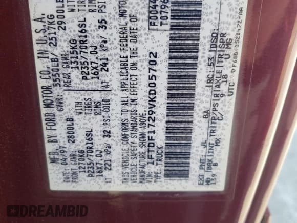 ✅ 1997 Ford F-150 • VIN: 1FTDF1729VKD05702 • Lot: 64141985. Listed on Copart with 78,311 mi. Free auction sales archive from the USA and detailed vehicle history report at DreamBid. Image 12.