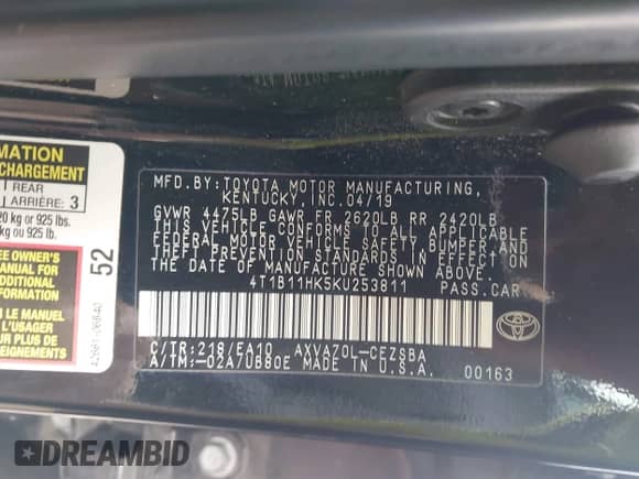 2019 Toyota Camry LE with VIN 4T1B11HK5KU253811, listed as a IAAI auction lot 43339157 with 88,176 mi miles and . Bid and sale history available at DreamBid. Image 9.