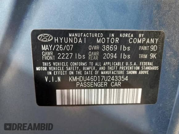 2007 Hyundai Elantra GLS z VIN KMHDU46D17U243354, wystawiony jako Copart lot #84897715 z przebiegiem 200 687 mil mil oraz Szkoda całkowita • Salvage title. Historia ofert i sprzedaży dostępna na DreamBid. Obrazek 12.