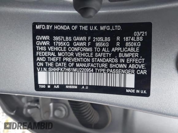 ✅ 2021 Honda Civic EX • VIN: SHHFK7H61MU220954 • Lot: 43622246. Listed on IAAI with 73,704 mi. Free auction sales archive from the USA and detailed vehicle history report at DreamBid. Image 9.