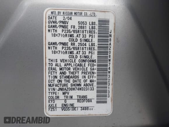 ✅ 2004 Nissan Murano SL • VIN: JN8AZ08W74W323133 • Lot: 43383187. Listed on IAAI with 186,059 mi. Free auction sales archive from the USA and detailed vehicle history report at DreamBid. Image 9.