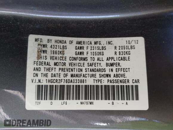 ✅ 2013 Honda Accord EX • VIN: 1HGCR2F76DA033881 • Lot: 42559749. Listed on IAAI with 247,708 mi. Free auction sales archive from the USA and detailed vehicle history report at DreamBid. Image 9.