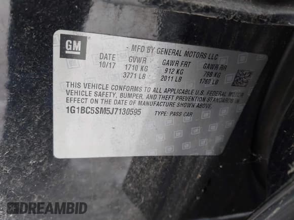 ✅ 2018 Chevrolet Cruze LS • VIN: 1G1BC5SM5J7130595 • Лот: 43836110. Опубликован ранее на IAAI с пробегом Не указан. Бесплатный доступ к архиву аукционных продаж из США и подробный отчёт об истории автомобиля на DreamBid. Изображение 9.