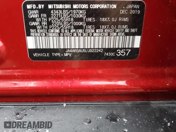 ✅ 2020 Mitsubishi Outlander ES • VIN: JA4AR3AU5LU022242 • Lot: 81760895. Listed on Copart with 67,865 mi. Free auction sales archive from the USA and detailed vehicle history report at DreamBid. Image 13.