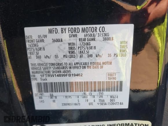 ✅ 2009 Ford F-150 XL • VIN: 1FTRW14899FB19462 • Lot: 43173510. Listed on IAAI with 195,631 mi. Free auction sales archive from the USA and detailed vehicle history report at DreamBid. Image 9.