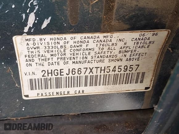 ✅ 1996 Honda Civic LX O • VIN: 2HGEJ667XTH545957 • Лот: 42866308. Опубликован ранее на IAAI с пробегом 217 969 миль. Бесплатный доступ к архиву аукционных продаж из США и подробный отчёт об истории автомобиля на DreamBid. Изображение 9.