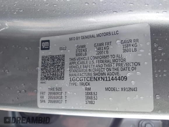 ✅ 2022 Chevrolet Colorado 4WD LT • VIN: 1GCGTCENXN1144409 • Lot: 43092049. Listed on IAAI with 88,900 mi. Free auction sales archive from the USA and detailed vehicle history report at DreamBid. Image 9.