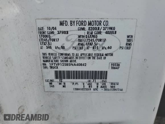 ✅ 2005 Ford F-150 XL • VIN: 1FTVF12585NA40842 • Лот: 61728465. Опубликован ранее на Copart с пробегом 288 002 миль. Бесплатный доступ к архиву аукционных продаж из США и подробный отчёт об истории автомобиля на DreamBid. Изображение 12.