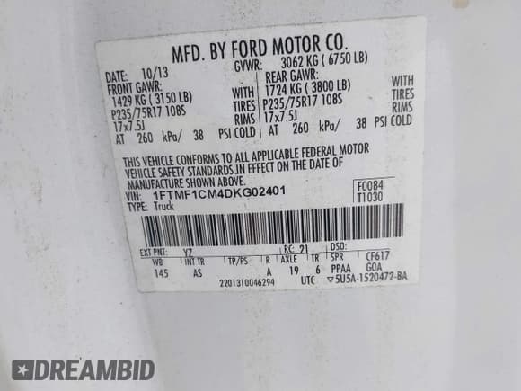 ✅ 2013 Ford F-150 XL • VIN: 1FTMF1CM4DKG02401 • Lot: 42762240. Listed on IAAI with 341,197 mi. Free auction sales archive from the USA and detailed vehicle history report at DreamBid. Image 9.