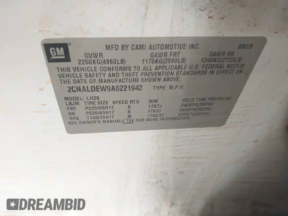 2010 Chevrolet Equinox 1LT with VIN 2CNALDEW9A6221942, listed as a IAAI auction lot 43227538 with 235,828 mi miles and . Bid and sale history available at DreamBid. Image 9.