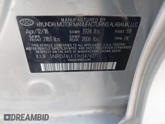 ✅ 2018 Hyundai Elantra SE • VIN: 5NPD74LF3JH347427 • Lot: 43482606. Listed on IAAI with 124,411 mi. Free auction sales archive from the USA and detailed vehicle history report at DreamBid. Image 9.