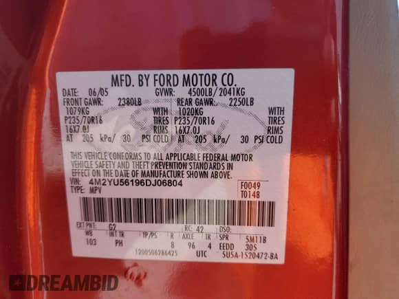 2006 Mercury Mariner Luxury z VIN 4M2YU56196DJ06804, wystawiony jako Copart lot #56183815 z przebiegiem 181 504 mil mil oraz Nie do naprawy • Non repairable. Historia ofert i sprzedaży dostępna na DreamBid. Obrazek 13.