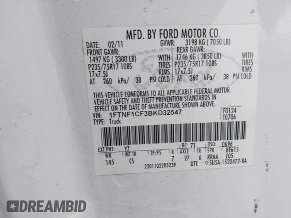 ✅ 2011 Ford F-150 XL • VIN: 1FTNF1CF3BKD32547 • Lot: 43915123. Wystawiony na IAAI z przebiegiem 143 776 mil. Bezpłatny archiwum sprzedaży aukcyjnych z USA i szczegółowy raport historii pojazdu na DreamBid. Zdjęcie 9.