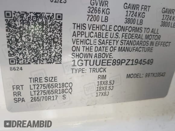 ✅ 2023 GMC Sierra 1500 AT4 • VIN: 1GTUUEE89PZ194549 • Лот: 43410196. Опубликован ранее на IAAI с пробегом 65 417 миль. Бесплатный доступ к архиву аукционных продаж из США и подробный отчёт об истории автомобиля на DreamBid. Изображение 9.